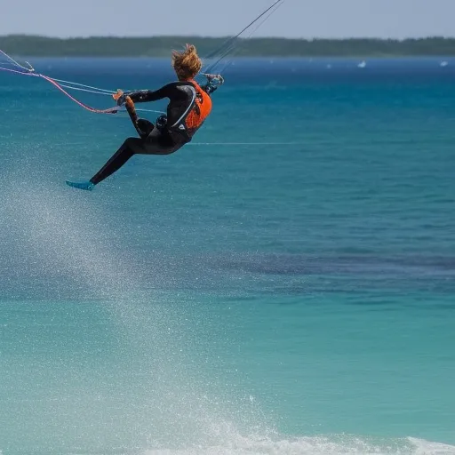 

The image shows a person with a kite surfing board, wearing a wetsuit, riding the waves, and jumping high in the air while holding onto the kite bar, with a beautiful blue sky and turquoise water in the background.