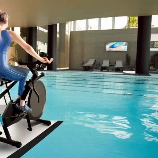 

A photo of a person pedaling a stationary bike in a swimming pool, surrounded by water, with a happy facial expression.