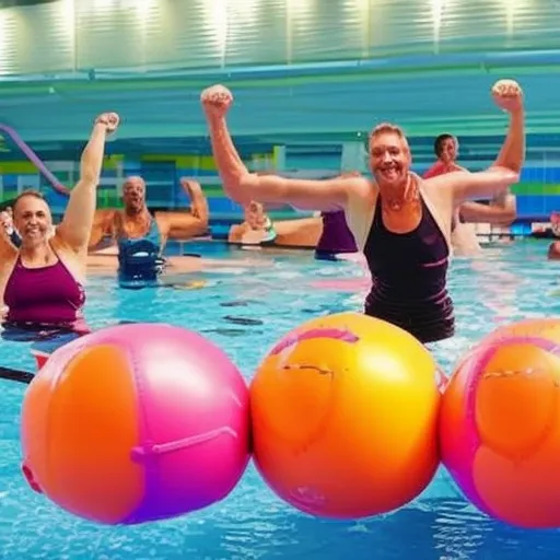

The image shows a group of people participating in an aquagym or aquafitness class in a swimming pool. They are wearing colorful swimming suits and doing various exercises such as stretching, lifting weights, and jumping in the water.