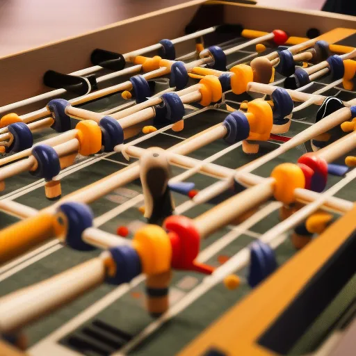 

The image is a close-up shot of a Bonzini football table with two players positioned on either side, gripping the handles and preparing to play.