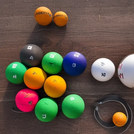 

The image shows a collection of colorful boules de pétanque arranged neatly on a wooden table, with a tape measure, a chalk marker, and a game scoreboard in the background.