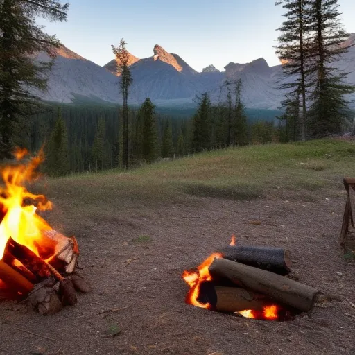 

The image shows a tent pitched in a beautiful natural setting, with mountains and trees in the background, and a campfire burning in the foreground.