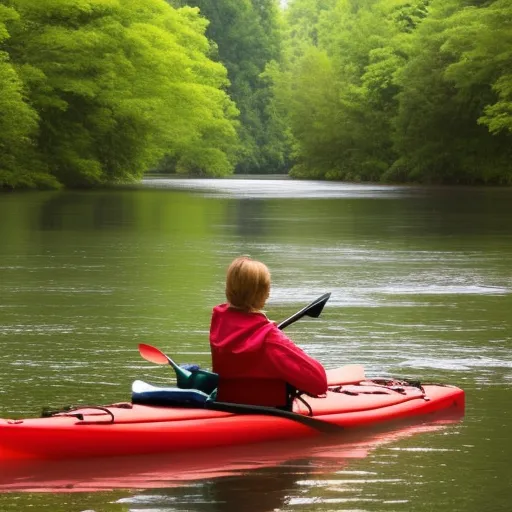 

The image shows a person in a red kayak floating peacefully on a calm river surrounded by lush green trees and plants.