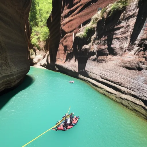 

A group of people in wetsuits and helmets are rappelling down a beautiful canyon with steep rock walls and clear water flowing through it.