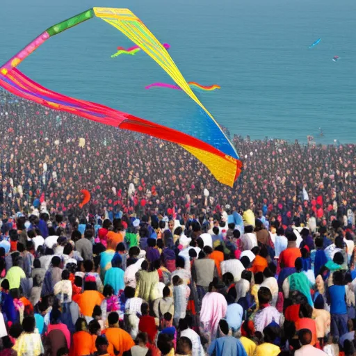 The image depicts a colorful kite flying high in the blue sky, with a group of people below, including children and adults, watching and enjoying the activity.