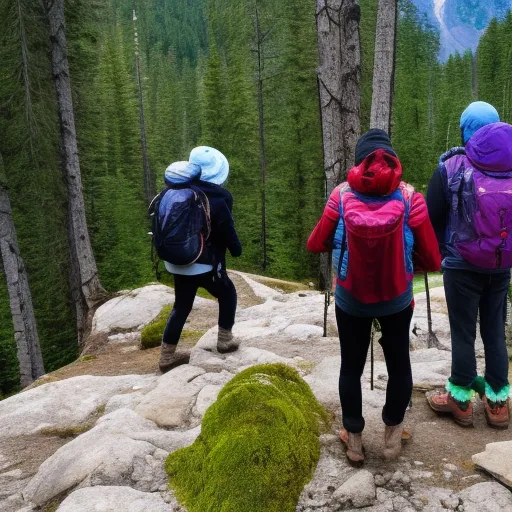 

The image shows a group of people wearing different types of outdoor clothing, including hiking boots, rain jackets, hats, and backpacks, standing on a trail in front of mountains and trees.