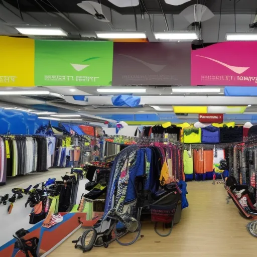 

"The image shows a spacious and colorful Decathlon store, with various sports equipment and gear displayed outside. A group of people are seen trying out bicycles and skateboards, while others browse through tents and camping accessories.