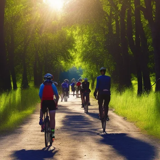 

"The image shows a group of friends riding Triban bicycles on a dirt road surrounded by green trees and bushes, with the sun shining in the background.