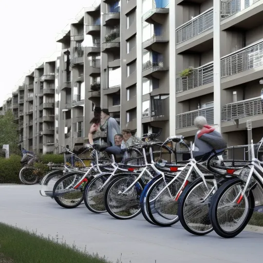 

The image shows a range of Elops bikes parked in front of a modern apartment building, with people of different ages and styles riding them in the background.