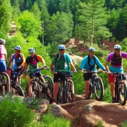 

The image shows a group of people riding colorful and sturdy mountain bikes on a scenic trail surrounded by trees and mountains.