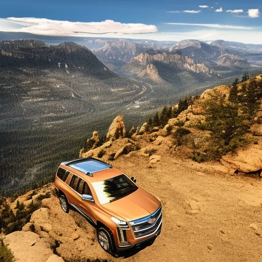 

An image showcasing the Cadillac Escalade 2023 being driven on a steep and rocky mountain trail with a breathtaking view of the landscape in the background.