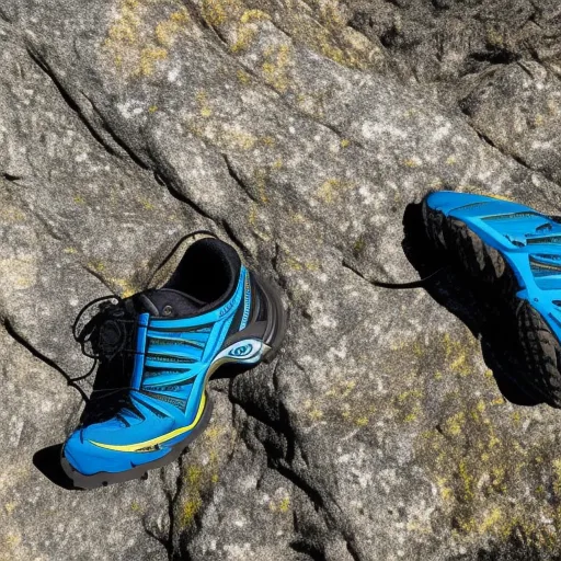 

The image shows a pair of Salomon hiking shoes with a blue and black color scheme, sitting on a rocky terrain outdoors.