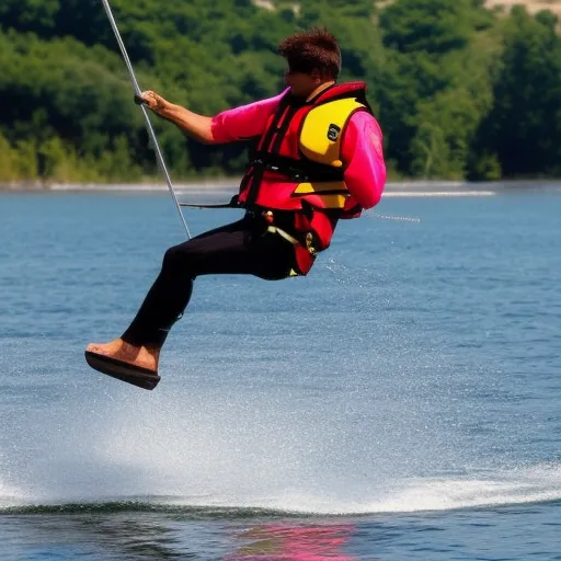 

The image shows a person wakeboarding behind a boat, wearing a life jacket and holding onto a handle attached to a rope.