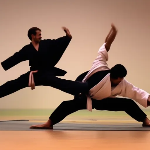 

The image depicts two martial artists performing an Aikido technique, with one throwing the other to the ground while the other person executes a graceful breakfall.