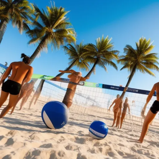 

Image: A group of people playing beach volleyball on a sunny day with palm trees and a blue sky in the background.