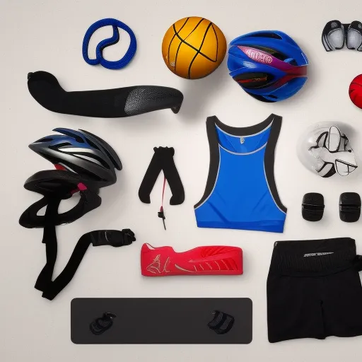 

The image shows a collection of sports gear and accessories, including running shoes, a yoga mat, a basketball, and a cycling helmet, all arranged neatly on a white background.