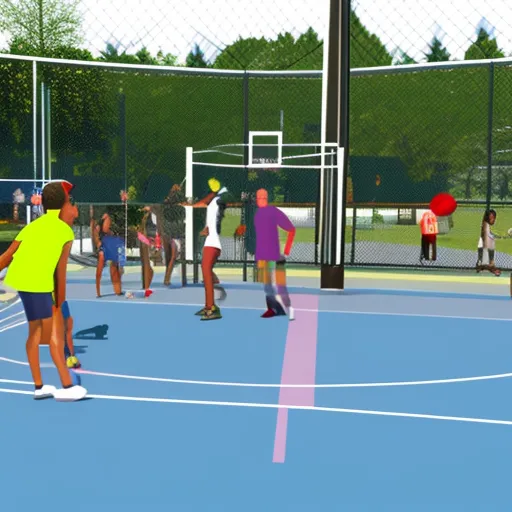 

An image that shows a group of people playing various outdoor sports such as basketball, volleyball, and tennis on a new, modern sports equipment in a park.