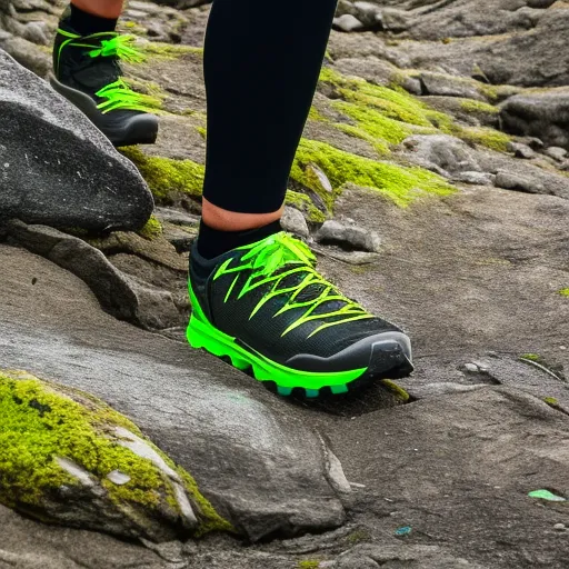 

The image shows a pair of bright green and black trail running shoes with rugged treads, placed on a rocky mountain terrain.