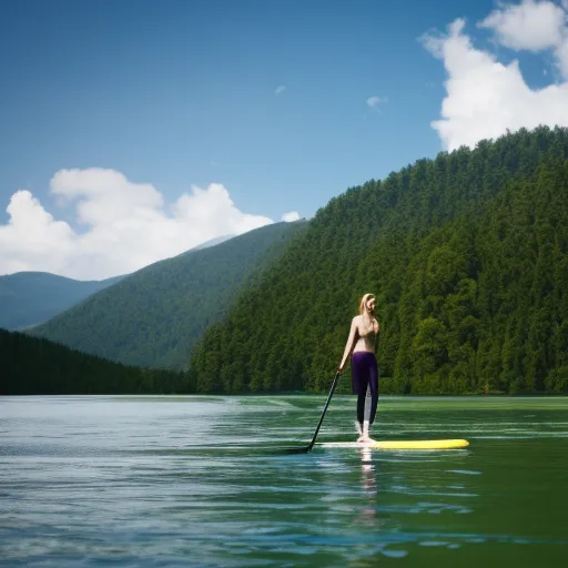 

A serene image of a person standing on a stand up paddle board in a peaceful body of water surrounded by lush green trees and mountains in the background.