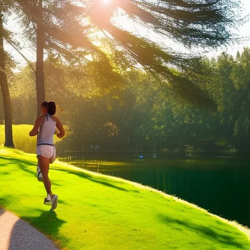 

The image shows a woman jogging on a sunny day, passing by green trees and a blue lake.