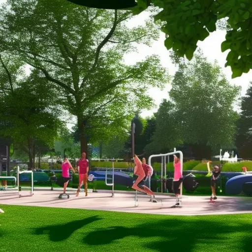 

The image shows a group of people exercising together in an outdoor fitness park, surrounded by various workout equipment and greenery.
