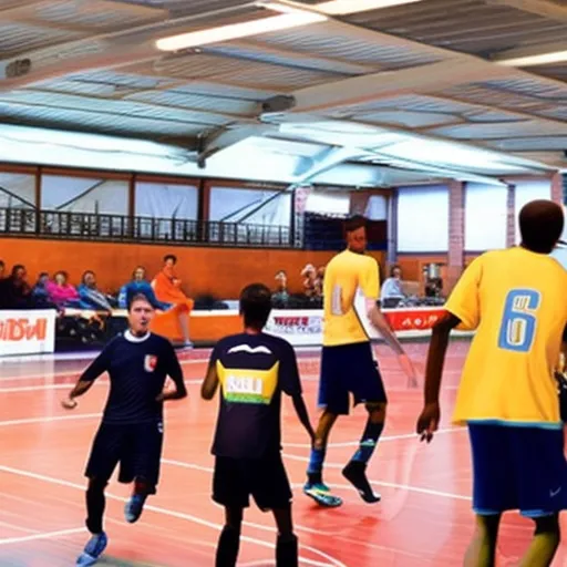 

A picture of a futsal court with players in action, surrounded by enthusiastic spectators.