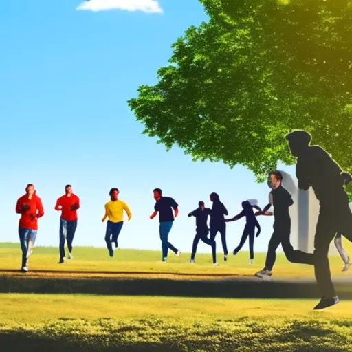 

The image depicts a group of people running outdoors, with trees and a blue sky in the background.