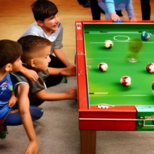

The image shows a colorful and well-crafted table soccer, surrounded by players in different poses, with the ball in play.
