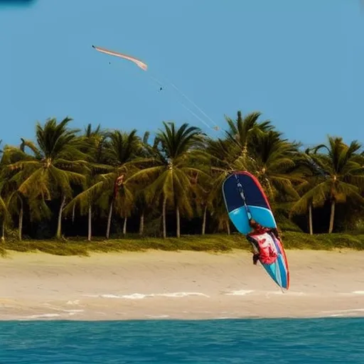 

The image shows a beginner kitesurfer with a kite in the air, riding a board on a turquoise sea with palm trees in the background.