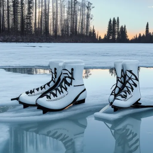 

The image shows a pair of ice skates, with sharp metal blades and white leather boots, resting on a frozen lake in the midst of a winter forest.
