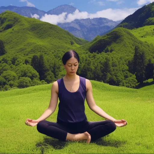 

The image shows a person sitting cross-legged with their eyes closed, meditating peacefully in a lush green field with mountains in the background.
