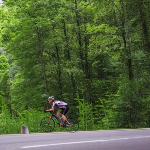 

The image shows a cyclist dressed in full biking gear, riding a sleek, modern bicycle along an empty road flanked by lush greenery.