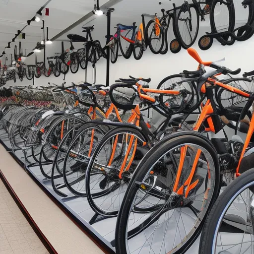 

Image description: A variety of bicycles, including road bikes, mountain bikes, and city bikes, displayed side-by-side in a bike shop.