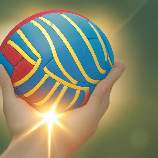 

The image depicts a hand holding a volleyball with the sun shining behind it.