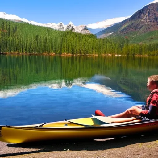 

The image shows a person sitting in a canoe kayak on a quiet lake surrounded by trees and mountains in the background.