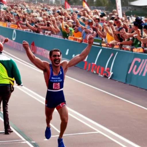 

The image features a muscular athlete crossing a finish line wearing a medal, with a crowd cheering him on.