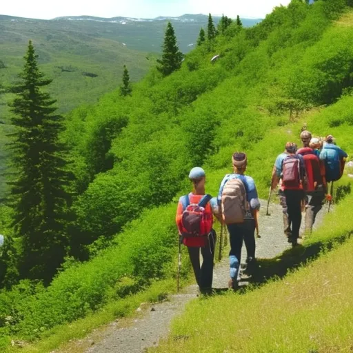 

The image depicts a group of people hiking up a mountain trail with backpacks and walking sticks in hand, surrounded by lush green trees and blue skies.