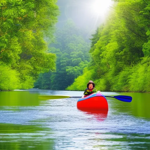 

The image depicts a person paddling a brightly colored inflatable canoe on a serene river surrounded by lush greenery.