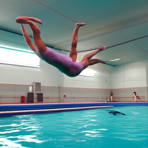 

The image shows a diver sleekly diving into a pool with perfect form, while in the background, a gymnast effortlessly performs a split mid-air.