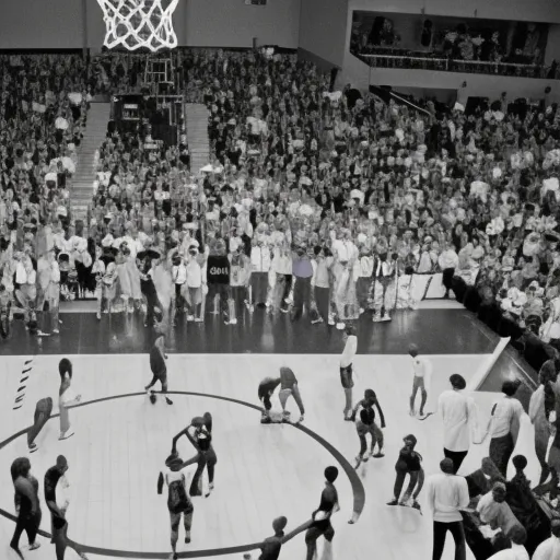 

The image shows a basketball court with several players in action, surrounded by a crowd of cheering fans.