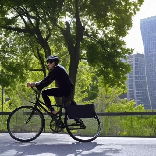 

The image is of a stylish urban cyclist with a helmet and sunglasses, riding a sleek black city bike with a basket on the front, surrounded by green trees and buildings in the background.
