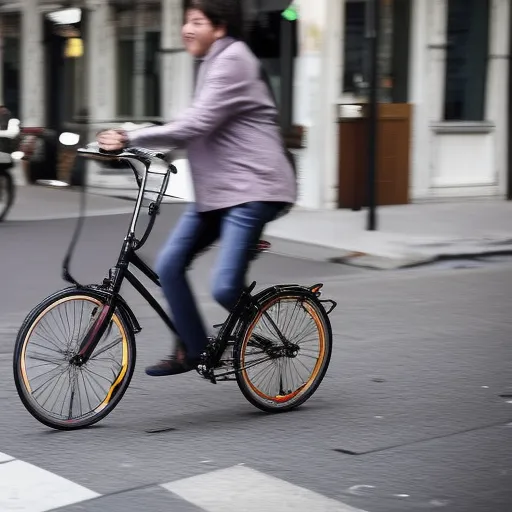 

The image shows a person riding a compact and foldable bicycle through a crowded city street.