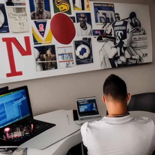 

The image shows a person sitting at a desk with a computer screen, surrounded by various football-related items such as a ball, jerseys, and posters.