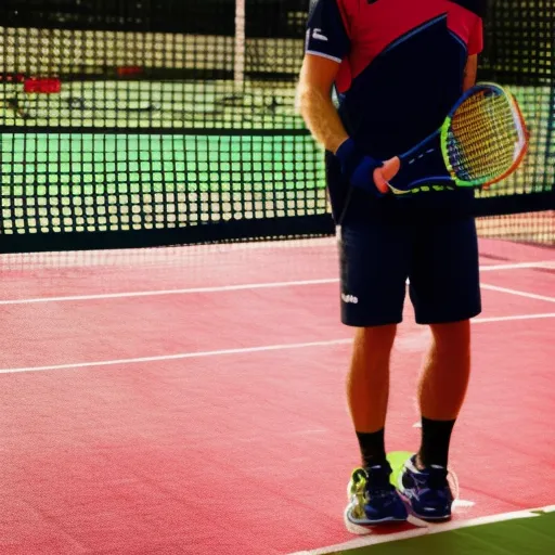 

An image of a person holding a padel racket and wearing appropriate clothing and shoes, standing on a padel court with a net in the background.