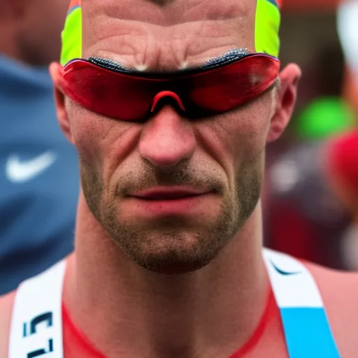 

The image is a close-up of a muscular athlete in the Ironman triathlon outfit, with a determined expression on his face as he prepares for the race.