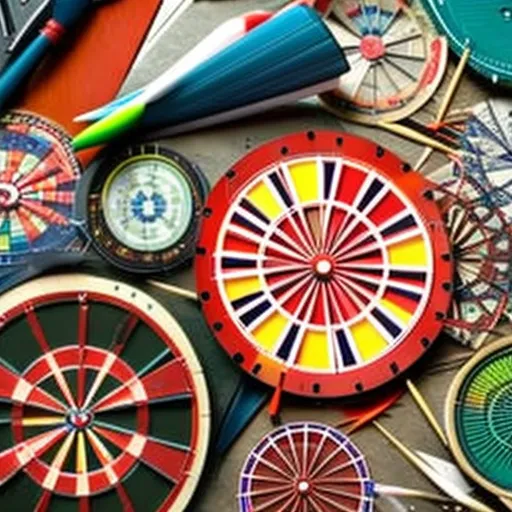 

The image shows various types of dartboards and darts scattered on a table.