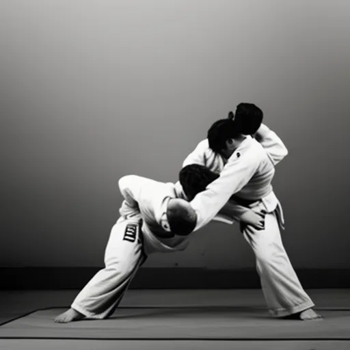 

A black and white photograph of two judokas grappling on a mat, with one in a dominant position and the other attempting to escape.