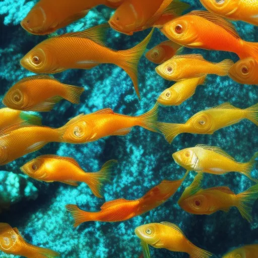 

The image shows a close-up shot of a beautiful gold and orange fish with scales glittering in the sunlight, swimming gracefully in clear blue water.