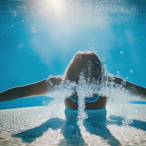 

The image shows a person swimming in a pool, surrounded by blue water with bubbles and sunlight shining through.