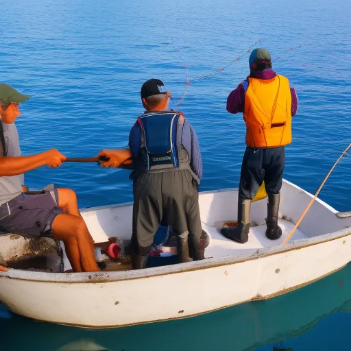 

The image is of a group of fishermen on a boat in the open sea, using various fishing tools and techniques to catch fish.
